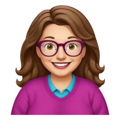 50 yr Caucasian woman, long brown hair parted on side, brown eyes, glasses, big smile, white teeth, fuscia sweater, chubby, wavy hair sticker