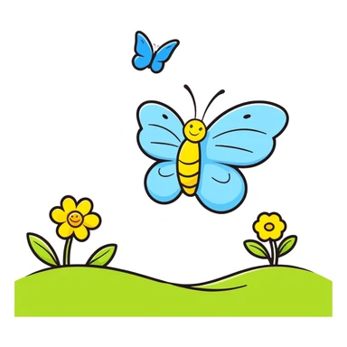 Happy blue butterfly with a big smile flying in a spring meadow with blooming flowers sticker