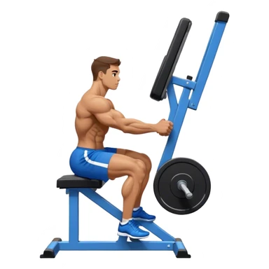 side-view bodybuilder in blue shorts seated weighted calf-raise machine on his tip toes sticker