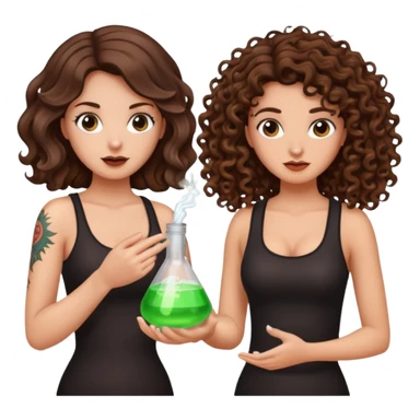 wrong mixture — long wavy brown hair tattooed woman and short tight curly brown hair woman — panic holding glowing flask sticker