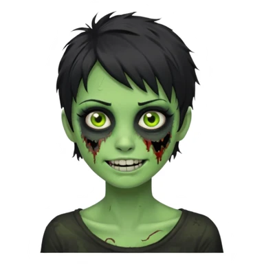 Green zombie girl with messy black short hair with lashes and torn cheek and smiling face sticker