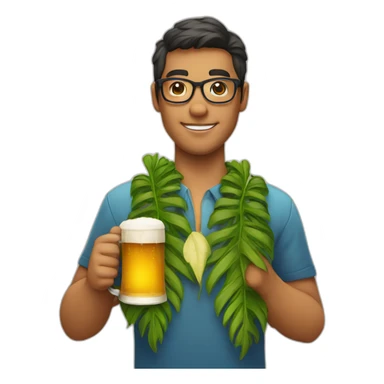 person wearing glasses alohashirt is holding beer sticker