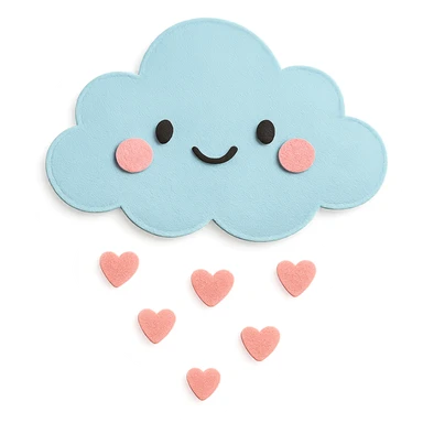 adorable pastel small fluffy cloud, raining tiny pink hearts, no arms or legs, full body, kawaii paper craft style sticker