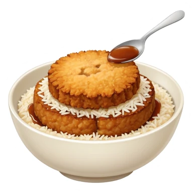 bowl filled with rice, a bit of brown sauce over the rice and a breaded pork cutlet over it sticker