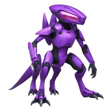 a purple Genesect-Raptor-Fakémon—hybrid with a futuristic visor-helmet full body sticker