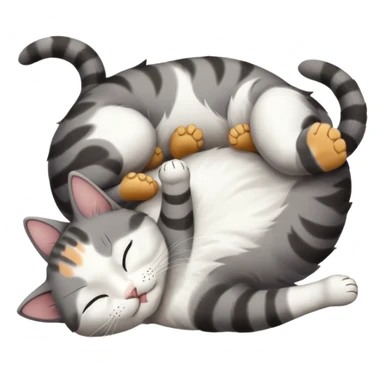 grey and white small cat eyes closed lying down upside down with paws stretched out straight in different directions sticker