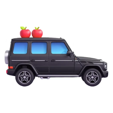 Create a small and simple Mercedes G-Class SUV in exact side view angle as the reference image. The design should be minimized in details, black color, colorful and friendly, in a 3D Apple emoji-like style. sticker