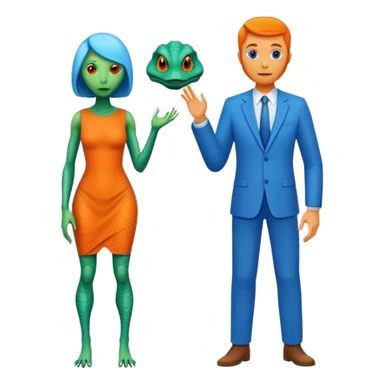 A reptilian alien woman in orange dress and human man in blue dress sticker