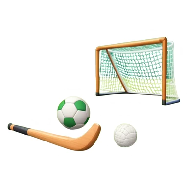 A field hockey stick and ball resting on a well-maintained green grass field, with the goalposts and markings visible in the background. The scene highlights the precision and focus of the sport, with the vibrant green pitch creating a dynamic atmosphere. sticker