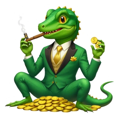 cunning capitalist lizard in a suit holding a cigar, sitting on a pile of gold coins, apple emoji style, no text sticker