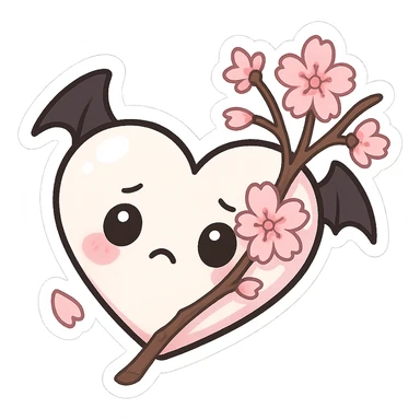 goth sakura heart, white heart with sakura branch and blossoms, pink highlights, playful and sweet sticker
