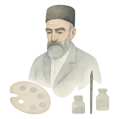 Kamal-ol-molk, Iranian painter, watercolor art style, surrounded by art supplies sticker
