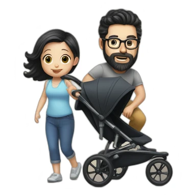 White man with Black hair,  beard and glasses pushing buggy with blonde baby sticker