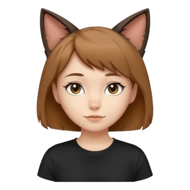 a girl with short brown wolf cut , cat ears and a tail, with a black t-shirt on sticker