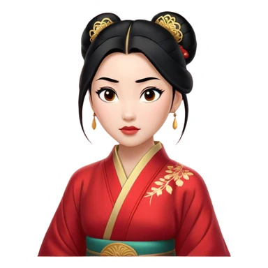 Cinematic Realistic Majestic Mulan Portrait, featuring finely rendered light skin with natural luminescence and expressive, determined eyes. Her black hair is styled with care into an elegant bun, and every fold of her traditional robe—adorned with subtle red motifs and refined gold trim—is depicted with intricate fabric detail. The scene is bathed in soft, natural light that enhances the depth and authenticity of the image, conveying a noble and serene aura that embodies timeless elegance and inner fortitude. sticker