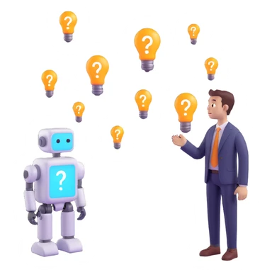 3D emoji style illustration of a thoughtful person looking at a friendly AI robot, with question marks and lightbulbs above their heads, representing curiosity and concern about the future of work with AI sticker
