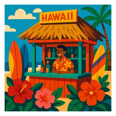 a beachside bar in Hawaii, with surfboards, flowers, and a thatched roof sticker