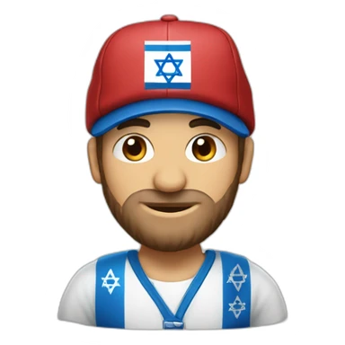 A man dressed in the colors of the State of Israel with a Star of David shirt and a cap on his head sticker