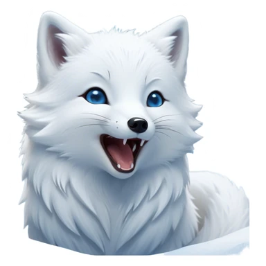 Cinematic Cute Yawning Arctic Fox Portrait Emoji, Head tilted slightly with a dramatic, wide-open yawn, showcasing a soft, downy white Fur with subtle icy blue accents and gently drooping ears, round eyes barely open in drowsy contentment, Simplified yet irresistibly adorable features, highly detailed, glowing with a soft, cozy glow, high shine, relaxed yet expressive, stylized with a touch of arctic whimsy, bright and endearing, soft glowing outline, capturing the essence of a sleepy yet affectionate arctic fox, so drowsy it feels like it could stretch out of the screen and curl up for a nap! sticker