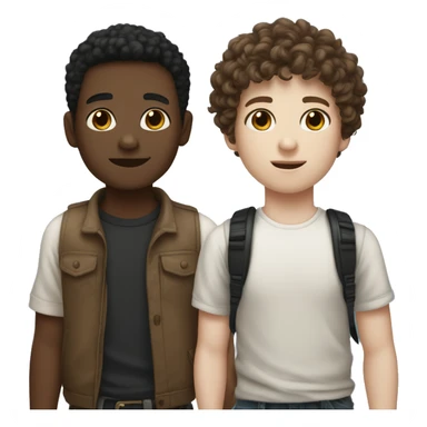 two boys holding hands one white skin with brown curly hair jaw length other white skin black short hair slightly longer on top sticker