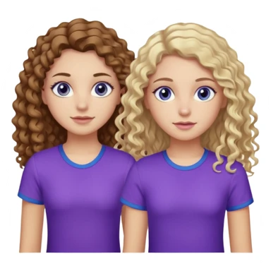 Twin sisters, one has brown eyes, long curly brown hair, the other one has blue eyes and straight blond hair purple top sticker