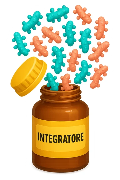 EMOJI STILE IPHONE DI boccetta di integratore con la scritta "INTEGRATORE" SULL'ETICHETTA, con batteri intestinali turchesi e rosa salmone che escono, IPERREALISTICO 4K sticker