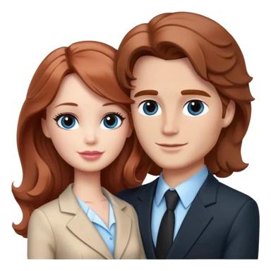 Barbie girl  , eyes blue , Chestnut red long wavy hair In pale beige clothes, Hugs a man with brown hair short haircut, brown eyes , and a black suit sticker