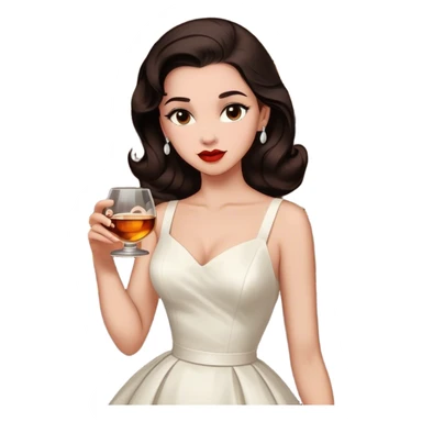 Beautiful woman in 1950’s woman fashion look, white dress, long dark brown hair, whisky with ice sticker