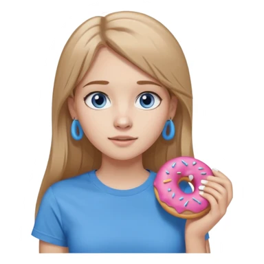 una ragazza dall‘ età di 19 anni con capelli biondo scuro lunghi e lisci ,  occhi celesti,  con addosso una maglietta con una ciambella e le cuffie airpods (bianche) ascoltando violetta sticker