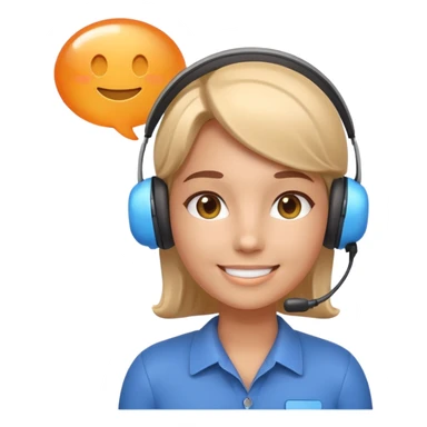 smiling support agent with headset, chat bubble floating, 3D soft look, rounded glossy features, subtle shadow, friendly and helpful, Apple emoji gradients and lighting sticker