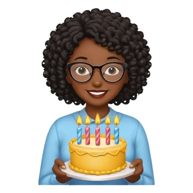 A Black woman with curly black hair and glasses holding a birthday cake sticker