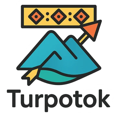 Colorful minimalist logo for Turpotok with a Kurai arrow, Ural Mountains, and Bashkir ornamentation. Text 'Turpotok' in a modern sans-serif font sticker