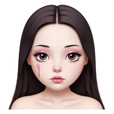 girl with white skin, dark brown long realistic straight hair with middle part prominently falling in front of her body over her shoulders, very big pouty extra shiny lips with absolutely no cupid's bow, big round shiny eyes with black eyeballs and huge eyelashes, no eyeshadow, pink blush on cheeks, lighter button nose, extremely long oval-shaped face, wearing a pink off-shoulder top, looking directly at camera with hands down at sides sticker