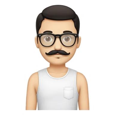 Emoji de un hombre con bigote, gafas de sol pequeñas, pañuelo negro con estampado blanco, camiseta sin mangas beige y bandolera negra. sticker