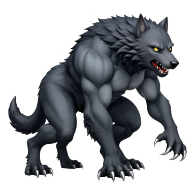 cinematic-noble-fierce-werewolf-on all fours-emoji, poised-and-imposing, with a tall, lean, and muscular wolfish frame inspired by the brutal, imposing shape of the beast from Berserk, fur rippling in shades of midnight black and silver, massive paws with razor-sharp claws, elongated limbs and fangs, eyes glowing with an intense, primal ferocity, reflecting the untamed power of the wild moonlit night; rendered with realism sticker