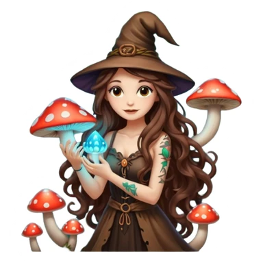 cute forest witch woman long wavy brown hair tattoos hugging glowing mushroom sticker