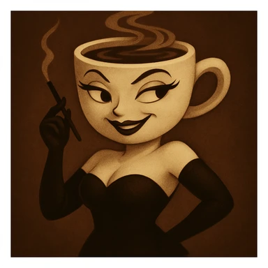 Change the coffee cup woman's expression to mischievous, with a sideways glance and a sly smile. Keep the original style and character, only modify the eyes and mouth, preserving the original style and look. sticker
