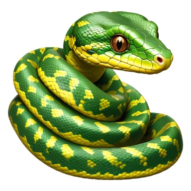 cinematic-green tree python-realistic-full-body-coiled-emoji,-thick-scaled-body-looped-tightly,-intricate-brown-and-gold-patterned-scales-reflecting-light,-head-tilted-dramatically,-slitted-eyes-staring-calmly,-simplified-yet-realistic-focused-feature sticker
