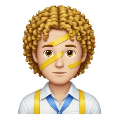 Make me an emoji that has a guy with a white shirt and yellow tape around the shirt with brown and blue spots hair make the hair curly sticker