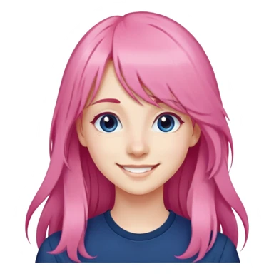 nữ 20 tuổi, da trắng, tóc dài nhuộm hồng, tóc mái bằng dài đến lông mày, mặt cười tươi vui vẻ, áo xanh đậm sticker