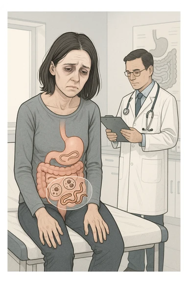 a woman in her 30s sits slumped on a doctor’s examination table, her face pale and eyes sunken with deep fatigue. A transparent overlay on her abdomen reveals stylized images of internal parasites, such as worms or protozoa, inside her digestive tract. The doctor stands nearby, reviewing medical charts. The mood is clinical and educational. sticker