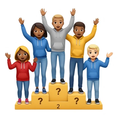 multi-racial people in jeans and hoodies on a winners’ podium, middle step higher, no numbers, very excited, fun, expressive emoji style sticker