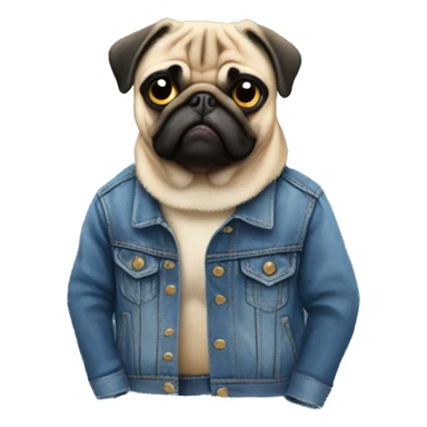 pug wearing a denim jacket with patches on the back of the denim jacket sticker