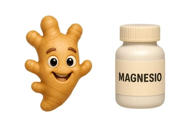 emoji stile iphone 3d di un pezzetto di zenzero e una boccetta di magnesio con la scritta "MAGNESIO" SULL'ETICHETTA CHE FLUTTUANO IN ARIA, iperrealistico 4k sticker