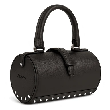 Make the Alaïa Teckel bag look more photorealistic with realistic leather texture, metallic studs, and natural lighting, on a white background. Keep the cylindrical silhouette and luxury details. Preserve transparency if present. sticker