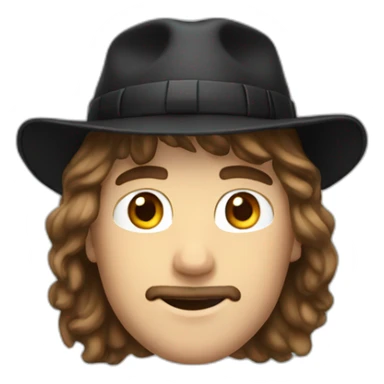 white guy with shoulder length brown hair, a slight mustache, wearing a black bucket hat, slight mustache sticker