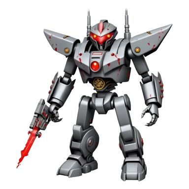 An all Grey metal evil mega zord tech bot with blood and glowing eyes in the style of your bleeding skull art, full body, rushed and worn from surviving the apocalypse, mostly Grey but splattered with blood, in a futuristic steam.punk cyber punk style sticker