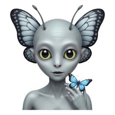 an grey alien with a butterfly on shoulder sticker