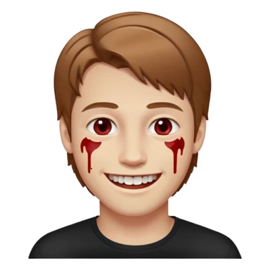 парень с русыми волосами средней длины; белая кожа; белые глаза; открытая улыбка, где на зубах кровь;  sticker