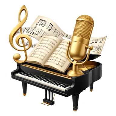 Create an elegant and refined emoji that represents classical or academic vocal performance. The design should feature a microphone, sheet music with musical notes, and a treble clef to symbolize the vocal artistry and music theory behind academic singing. Add subtle elements like a vocal warm-up chart or a grand piano to reflect the classical training. Use classic colors like gold, silver, and deep blue to emphasize sophistication and professionalism. The background should be transparent. sticker